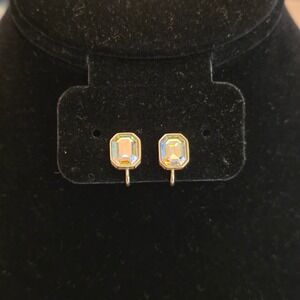 Vintage Avon Aurora Borealis Crystal Clip On Earrings Gold Tone Emerald Cut